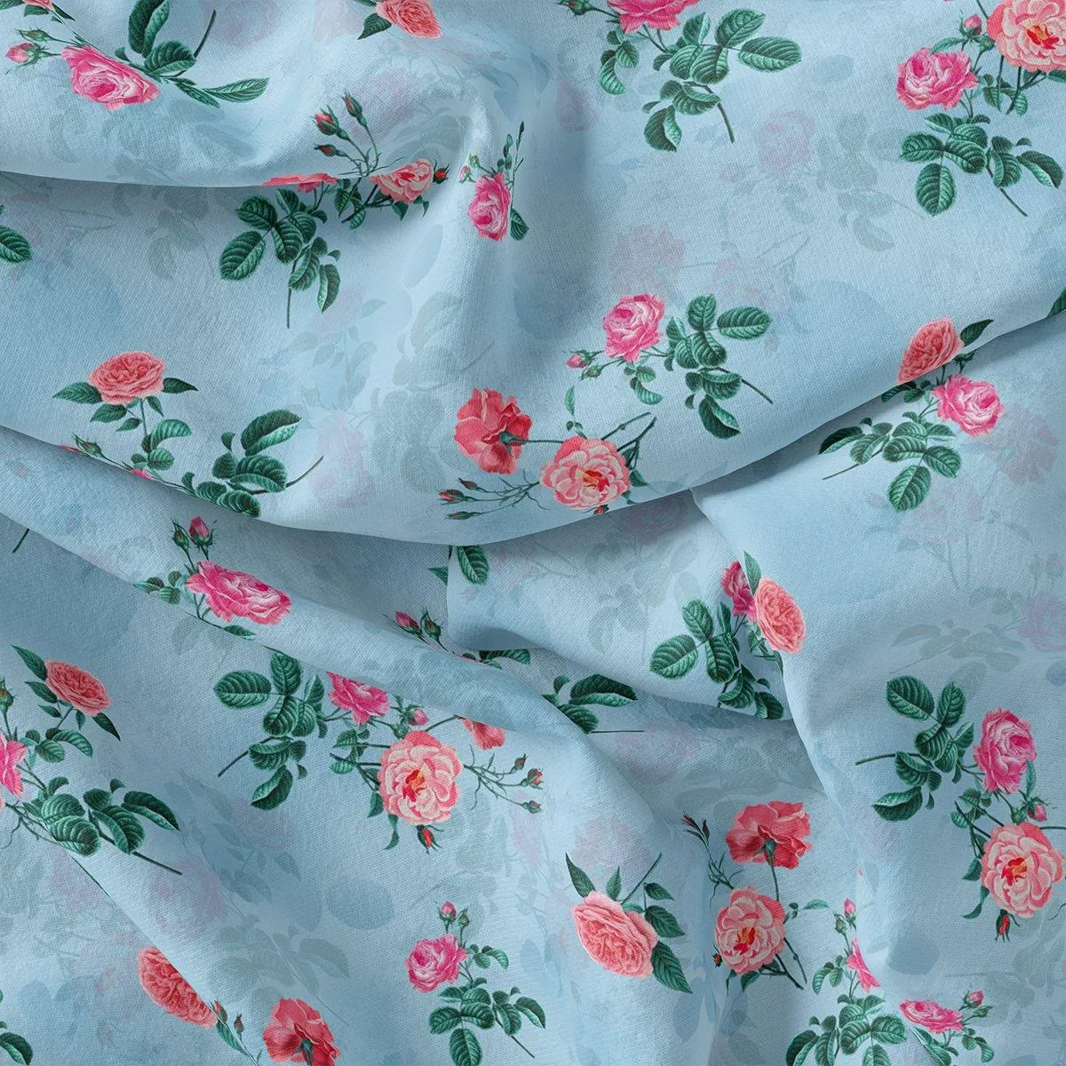 Aspen Green Leaf With Pink Rose Digital Printed Fabric - Crepe