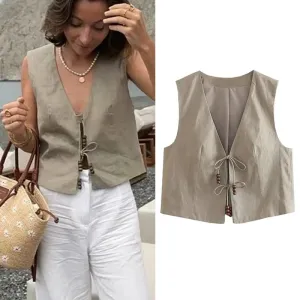 Back To School Joskaa Beading Sleeveless Vest Woman V Neck Black Cropped Vest Women Jacket Tied Short Coats Waistcoat Women's Fashion Vests 2024