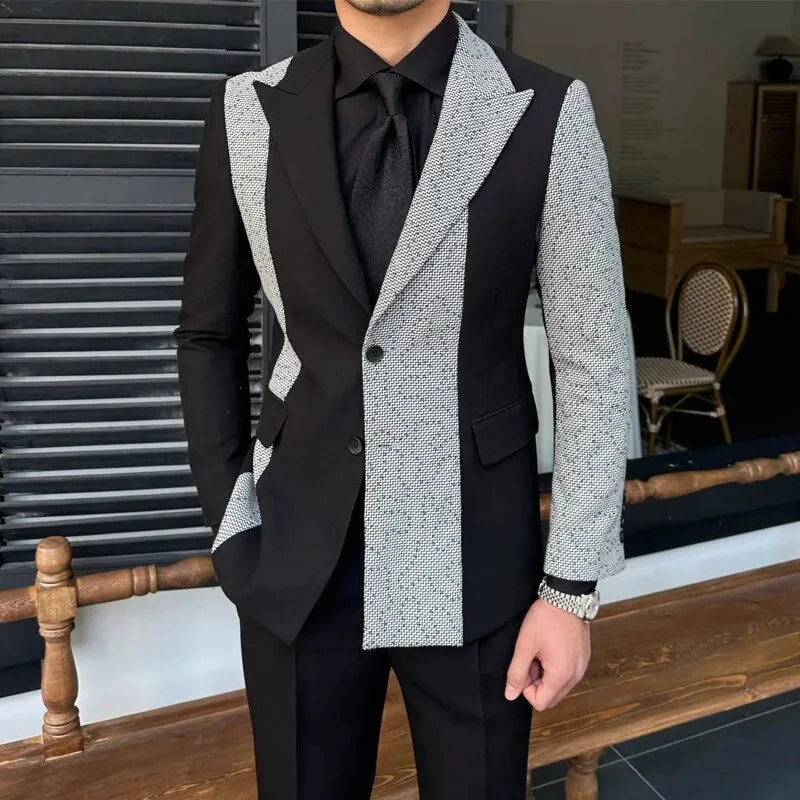 Black White Patchwork Single Breasted Suit