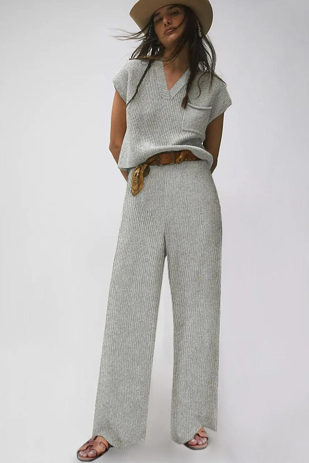 Elegant Knit V Neck Sweater and Flowing Trousers Ensemble