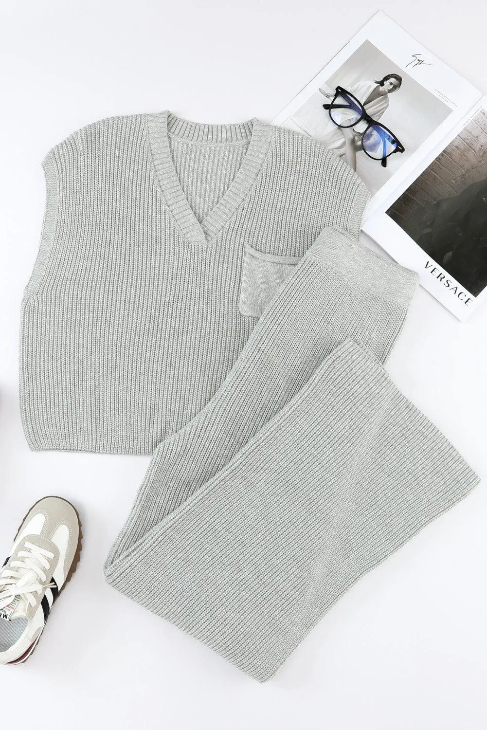 Elegant Knit V Neck Sweater and Flowing Trousers Ensemble