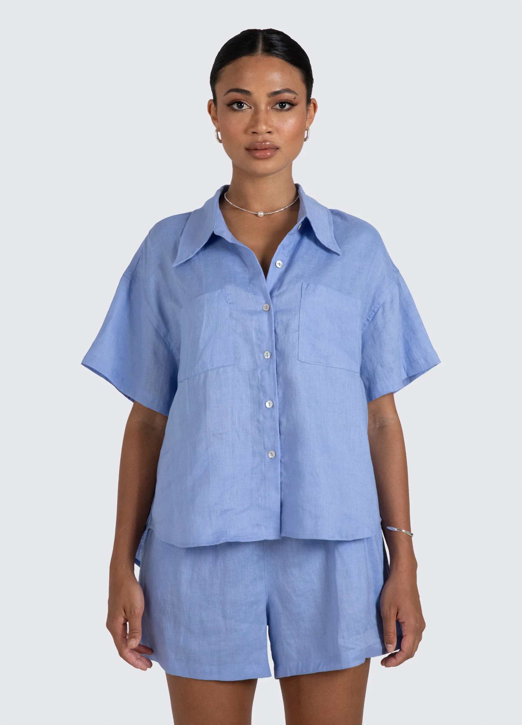 ESTL - Short Sleeve Lucinda Linen Shirt - Cornflower