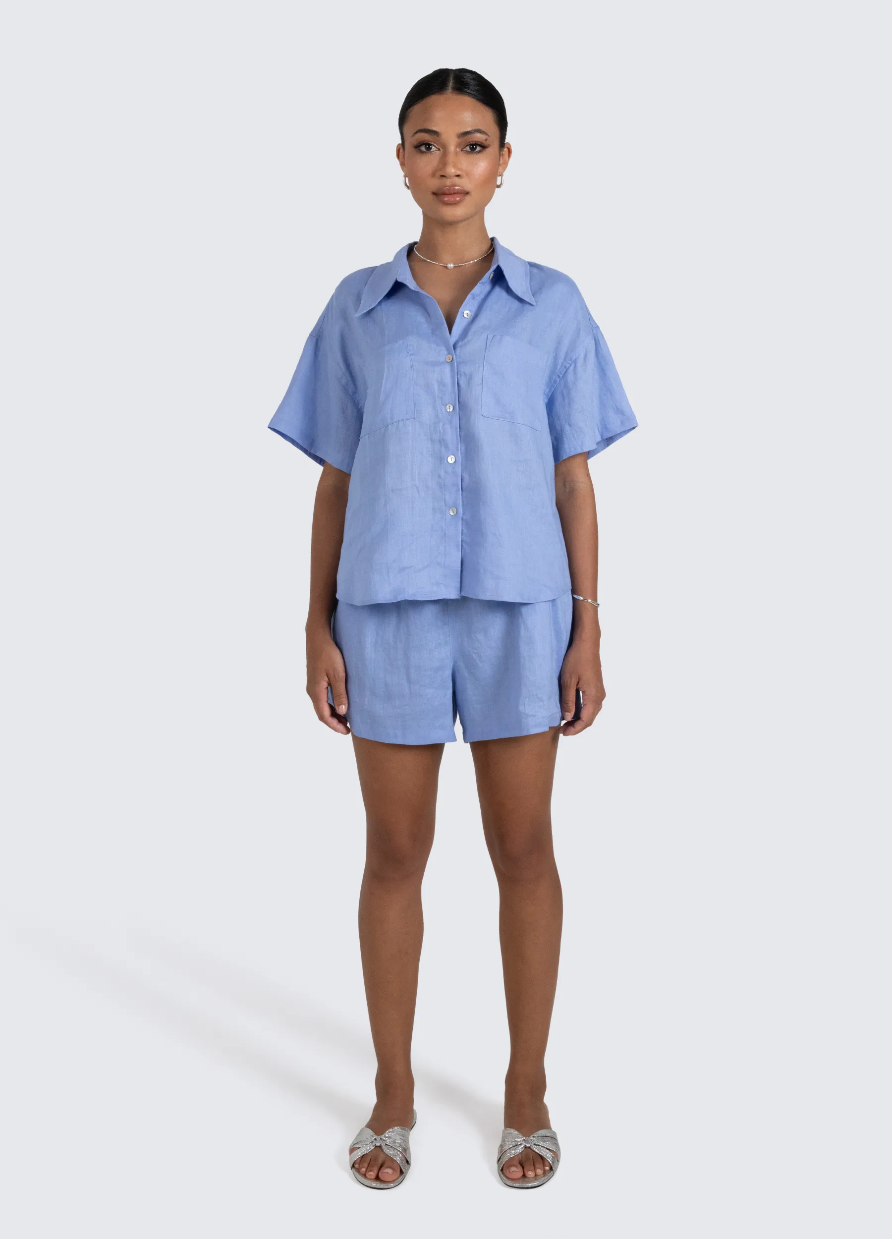 ESTL - Short Sleeve Lucinda Linen Shirt - Cornflower