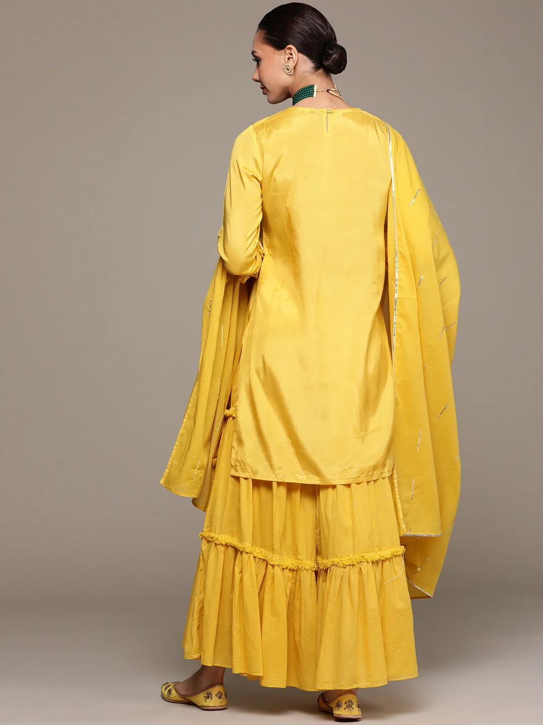 Ishin Women's Yellow Embroidered Straight Kurta with Sharara & Dupatta