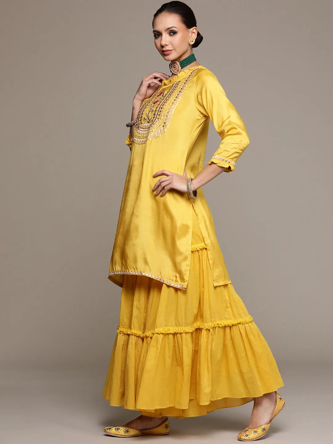 Ishin Women's Yellow Embroidered Straight Kurta with Sharara & Dupatta