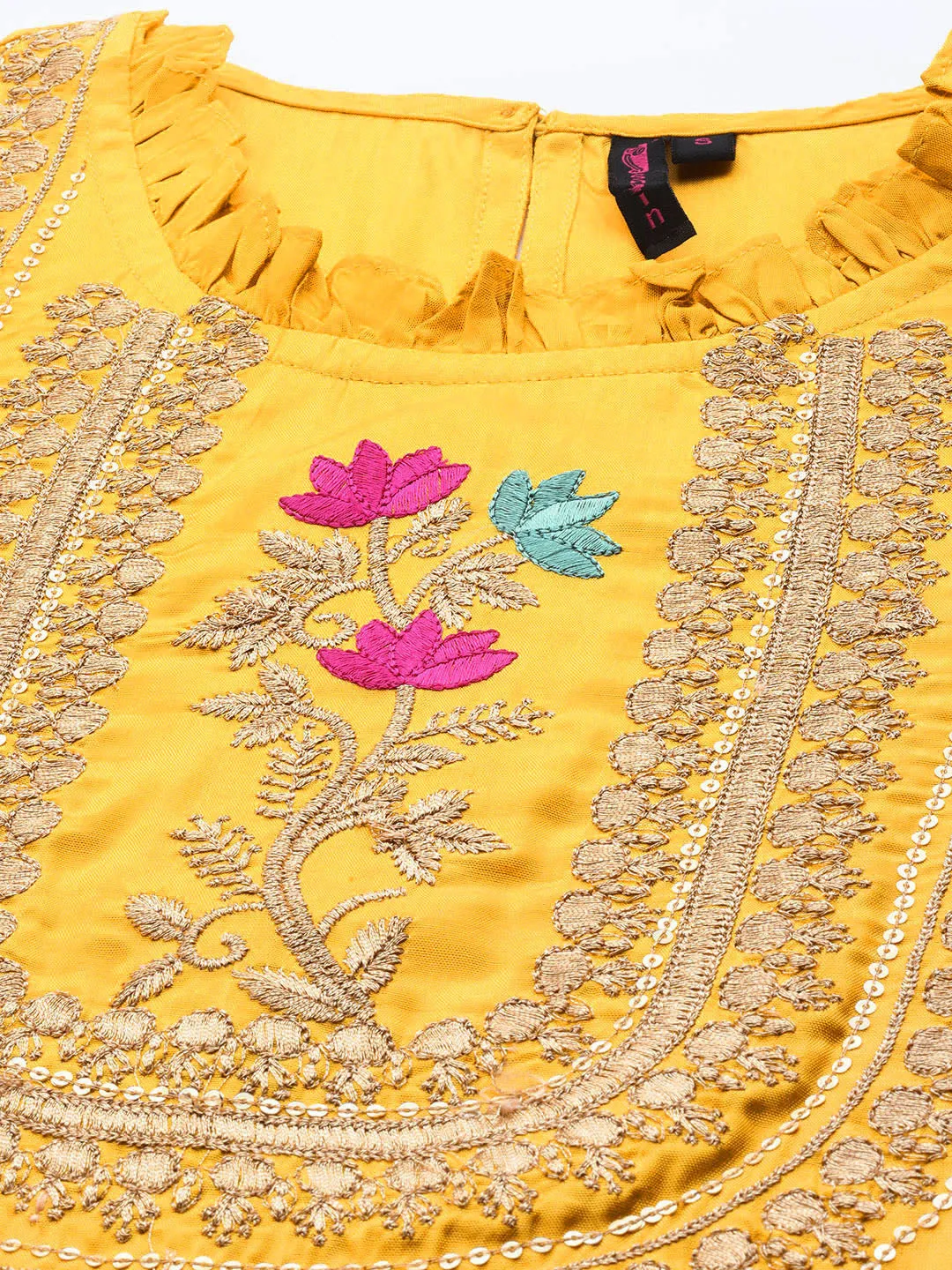 Ishin Women's Yellow Embroidered Straight Kurta with Sharara & Dupatta