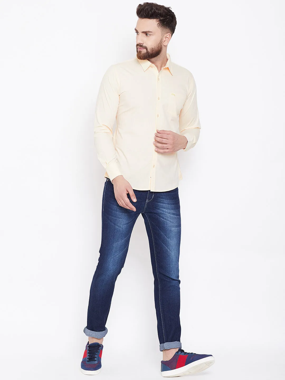 JUMP USA Men Cream Solid Slim Fit Casual Shirts