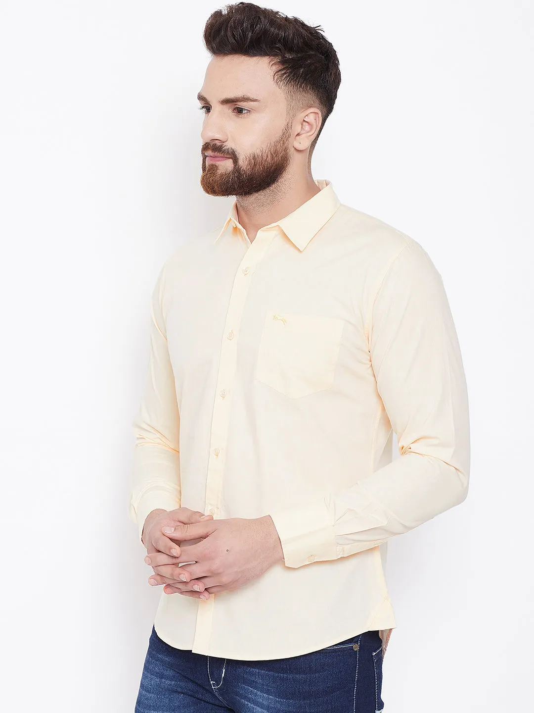 JUMP USA Men Cream Solid Slim Fit Casual Shirts