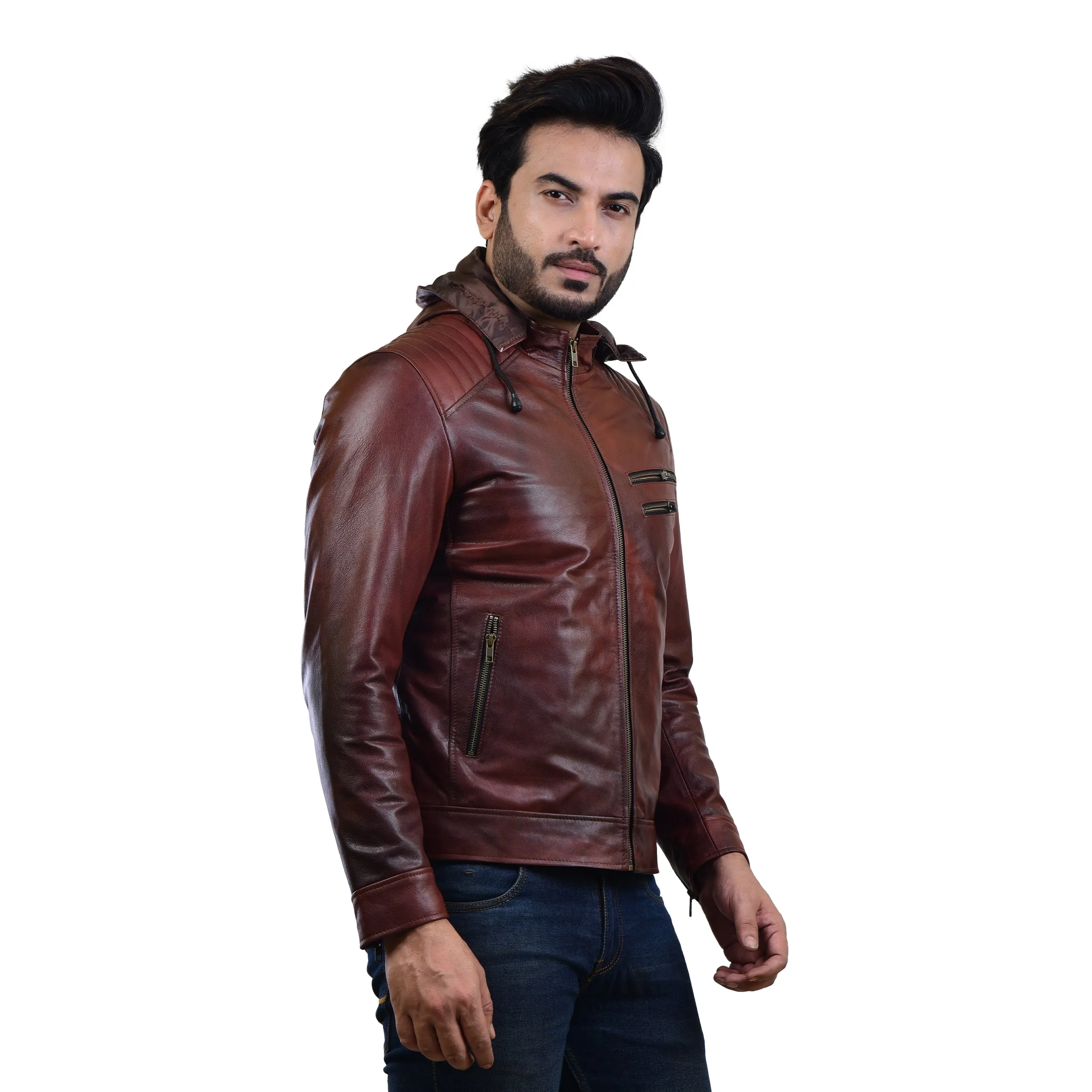 MENS LEATHER HOODED JACKET 410145(2 TONE)