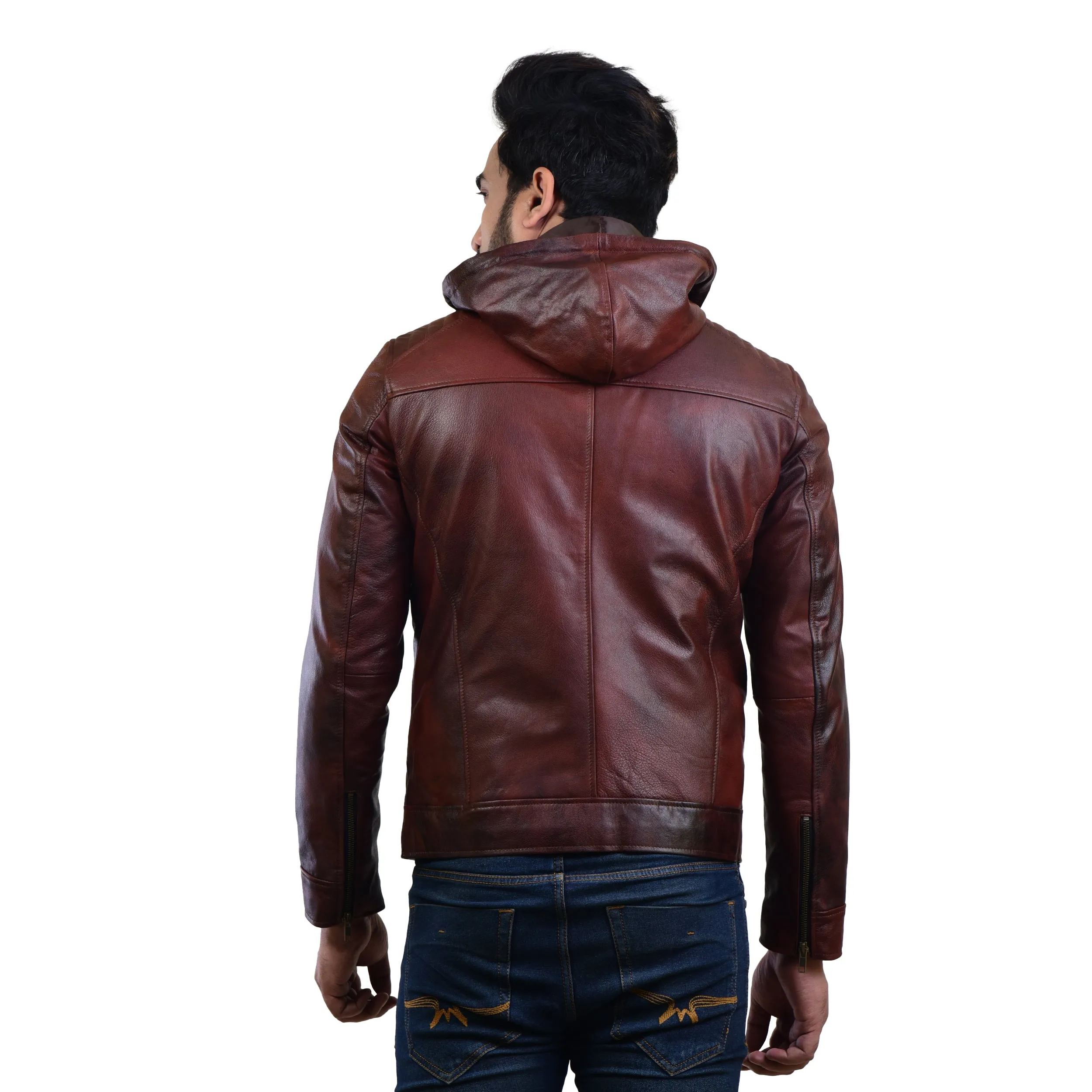 MENS LEATHER HOODED JACKET 410145(2 TONE)