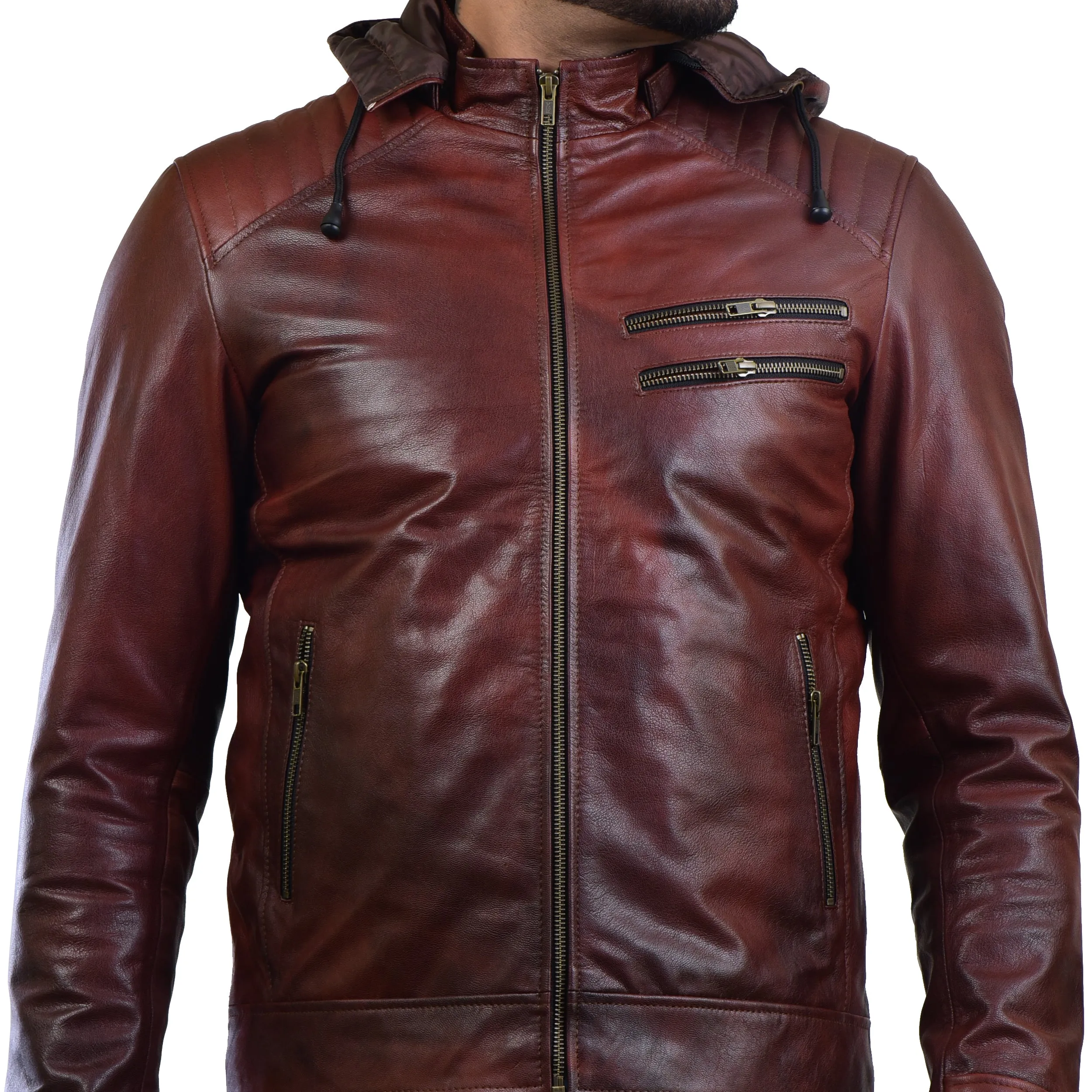 MENS LEATHER HOODED JACKET 410145(2 TONE)