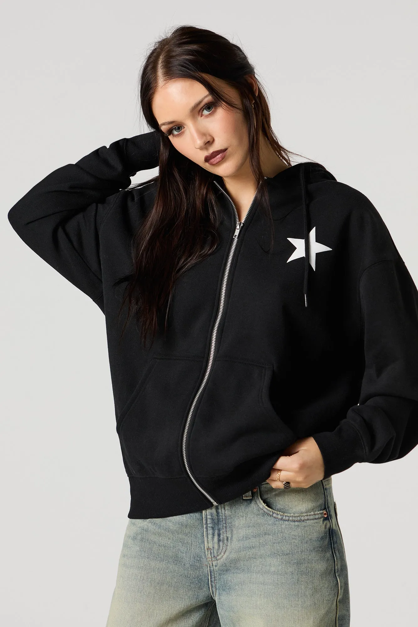 Oversized Puff Print Graphic Zip-Up Fleece Hoodie