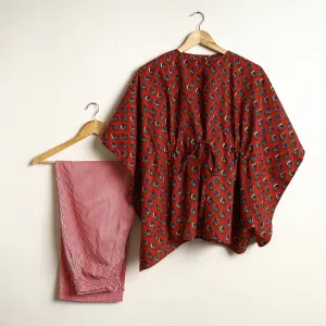 Red - Bagru Block Printed Cotton Kaftan & Pyjama Night Suit Set