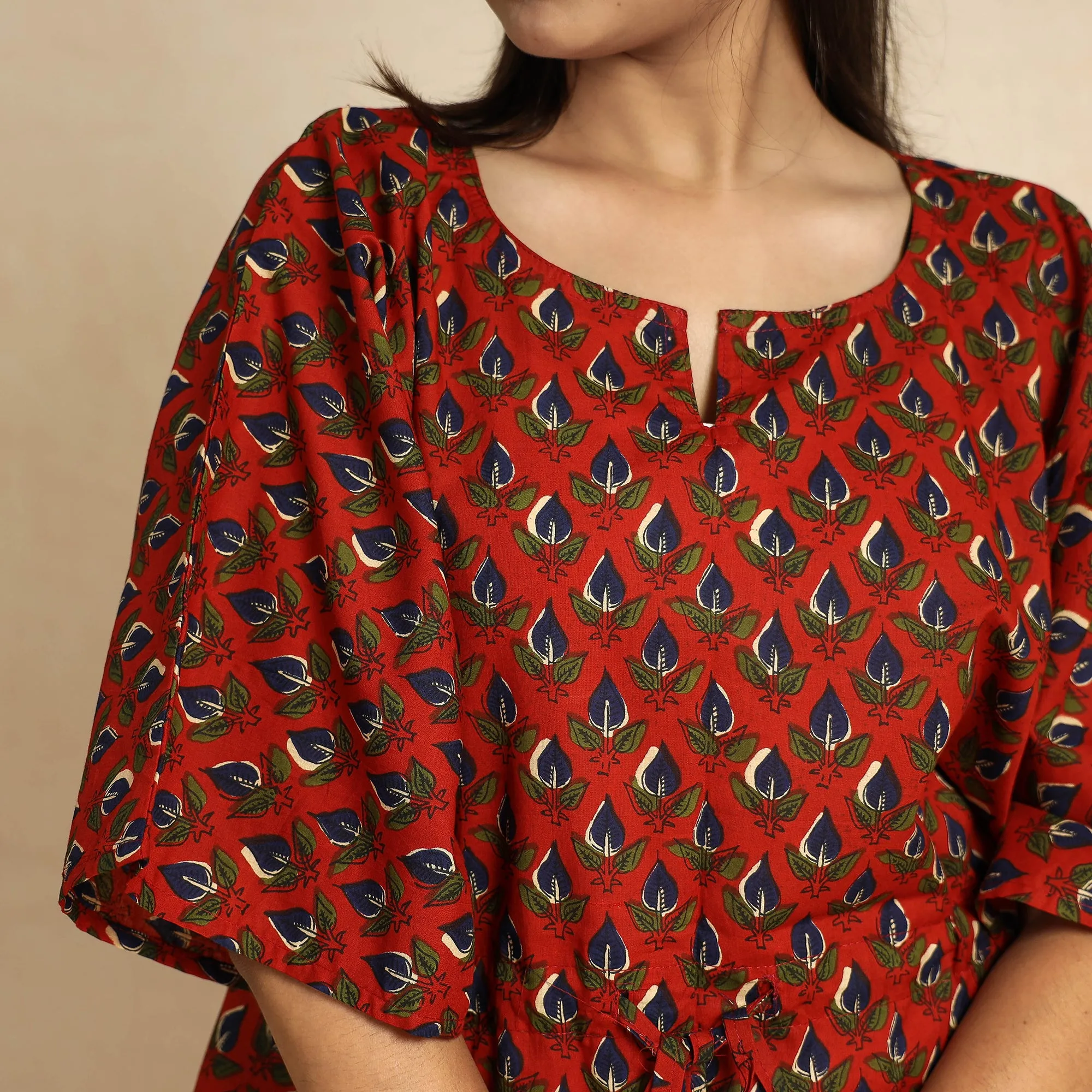 Red - Bagru Block Printed Cotton Kaftan & Pyjama Night Suit Set