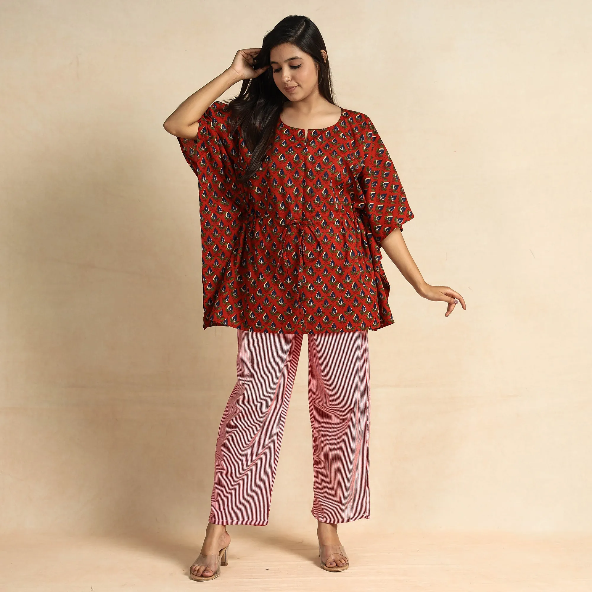 Red - Bagru Block Printed Cotton Kaftan & Pyjama Night Suit Set