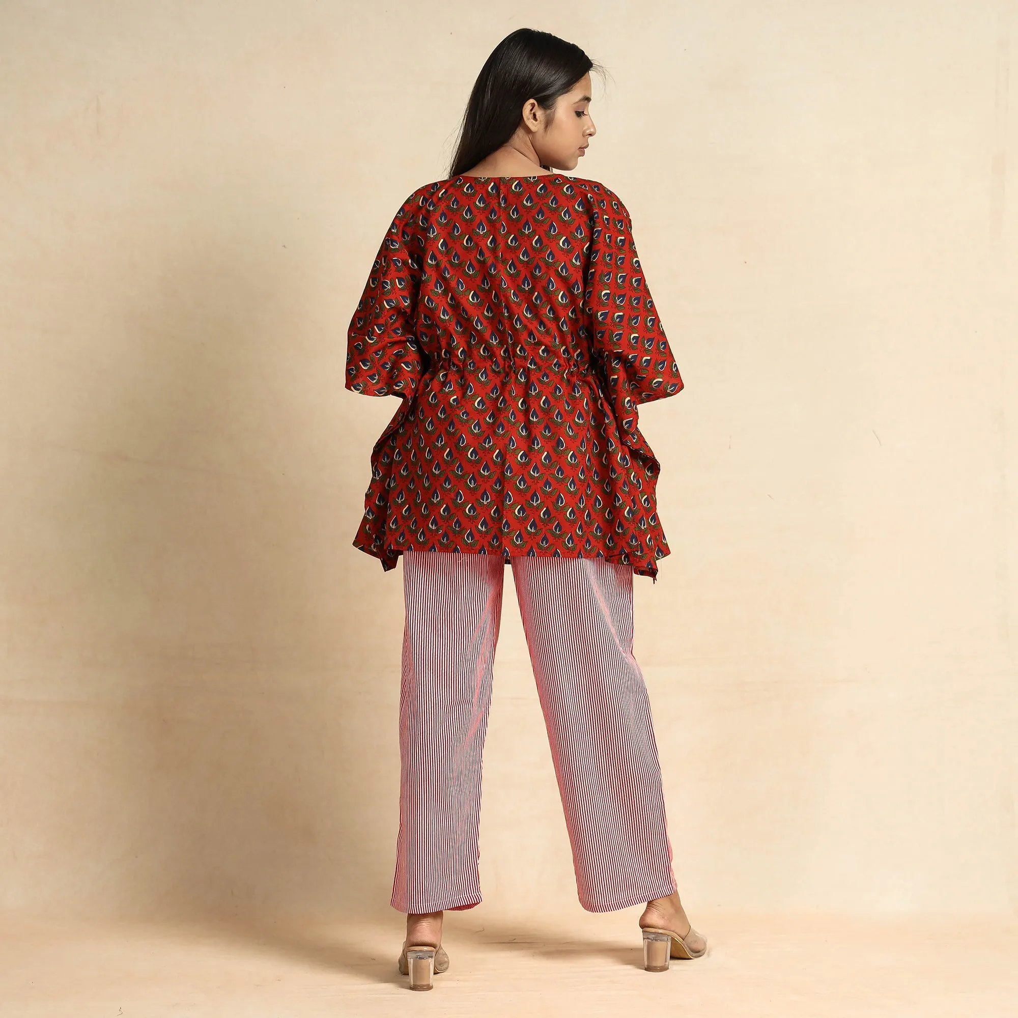 Red - Bagru Block Printed Cotton Kaftan & Pyjama Night Suit Set