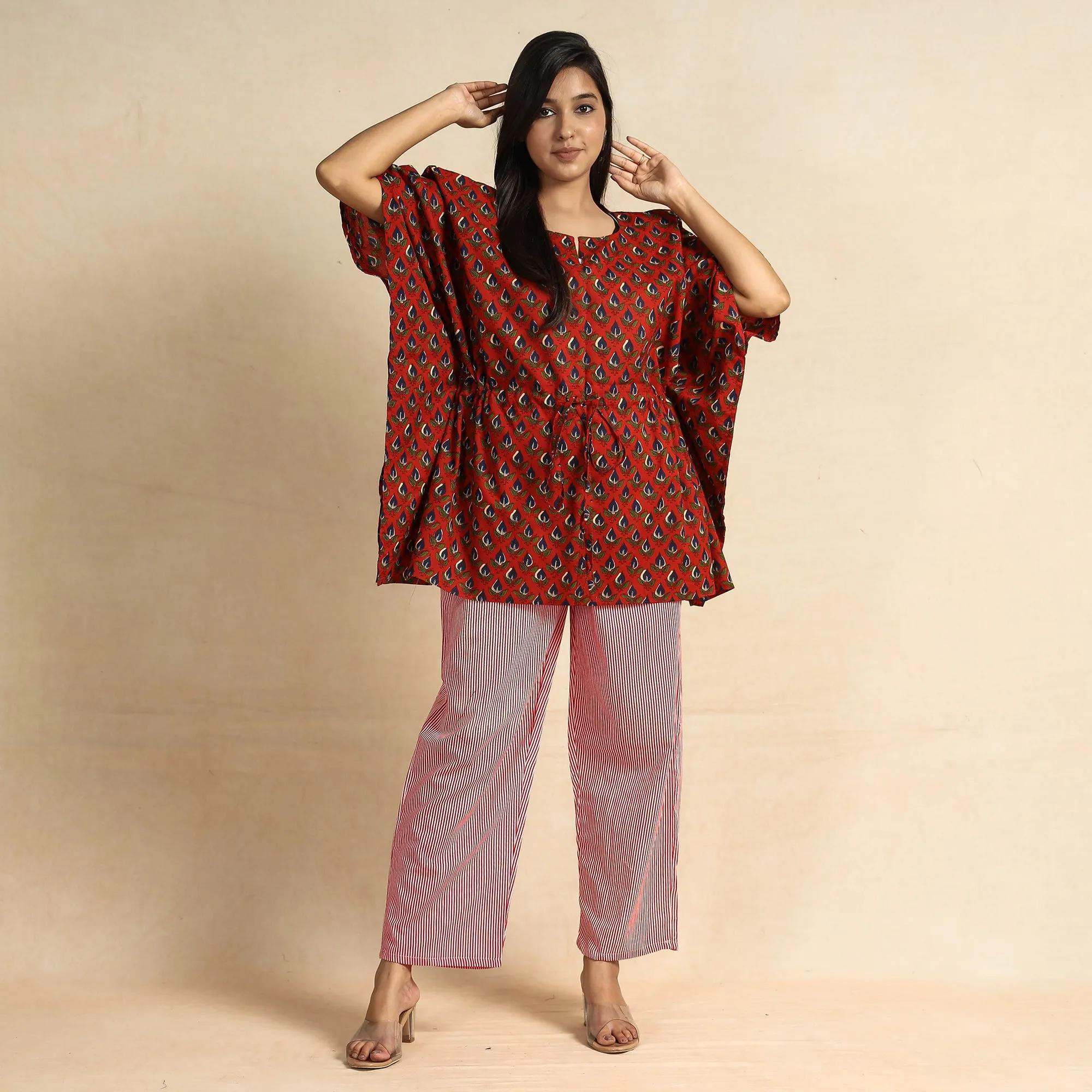 Red - Bagru Block Printed Cotton Kaftan & Pyjama Night Suit Set