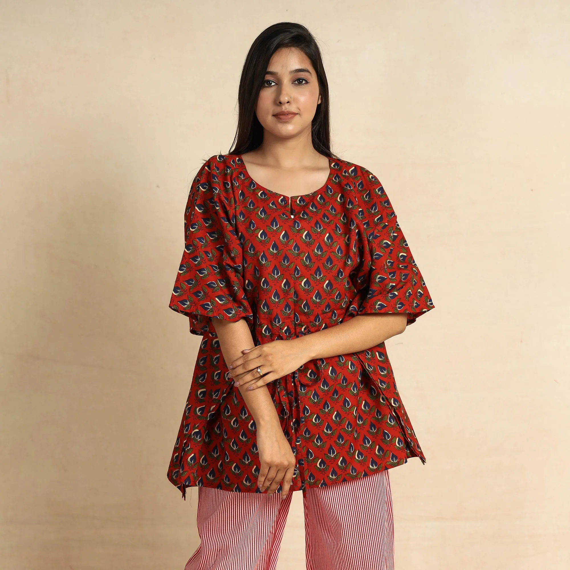 Red - Bagru Block Printed Cotton Kaftan & Pyjama Night Suit Set