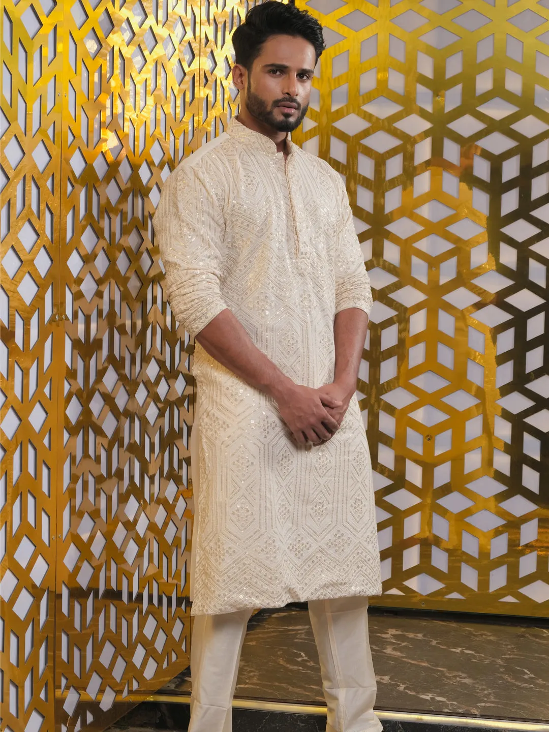 Vastramay Cream Golden Sequin Kurta Set