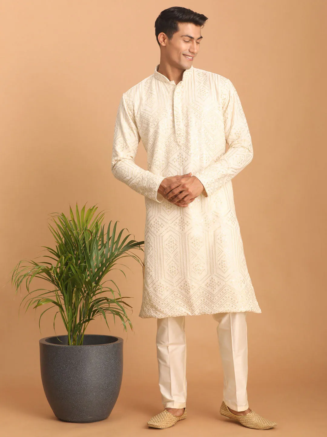 Vastramay Cream Golden Sequin Kurta Set