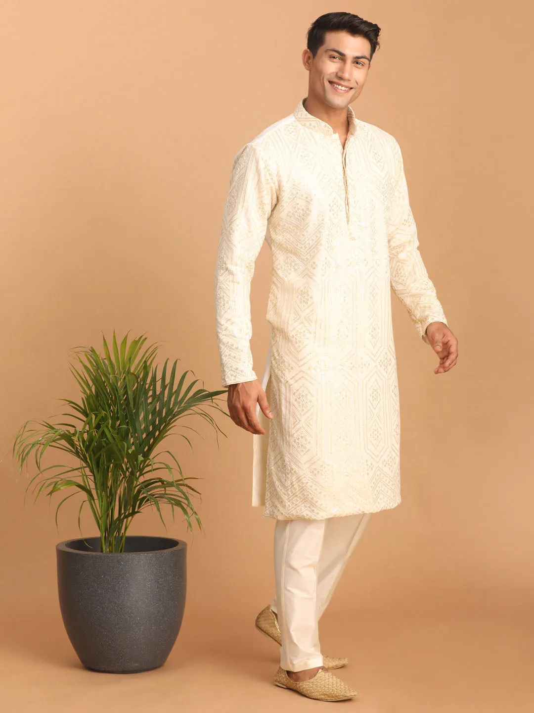 Vastramay Cream Golden Sequin Kurta Set