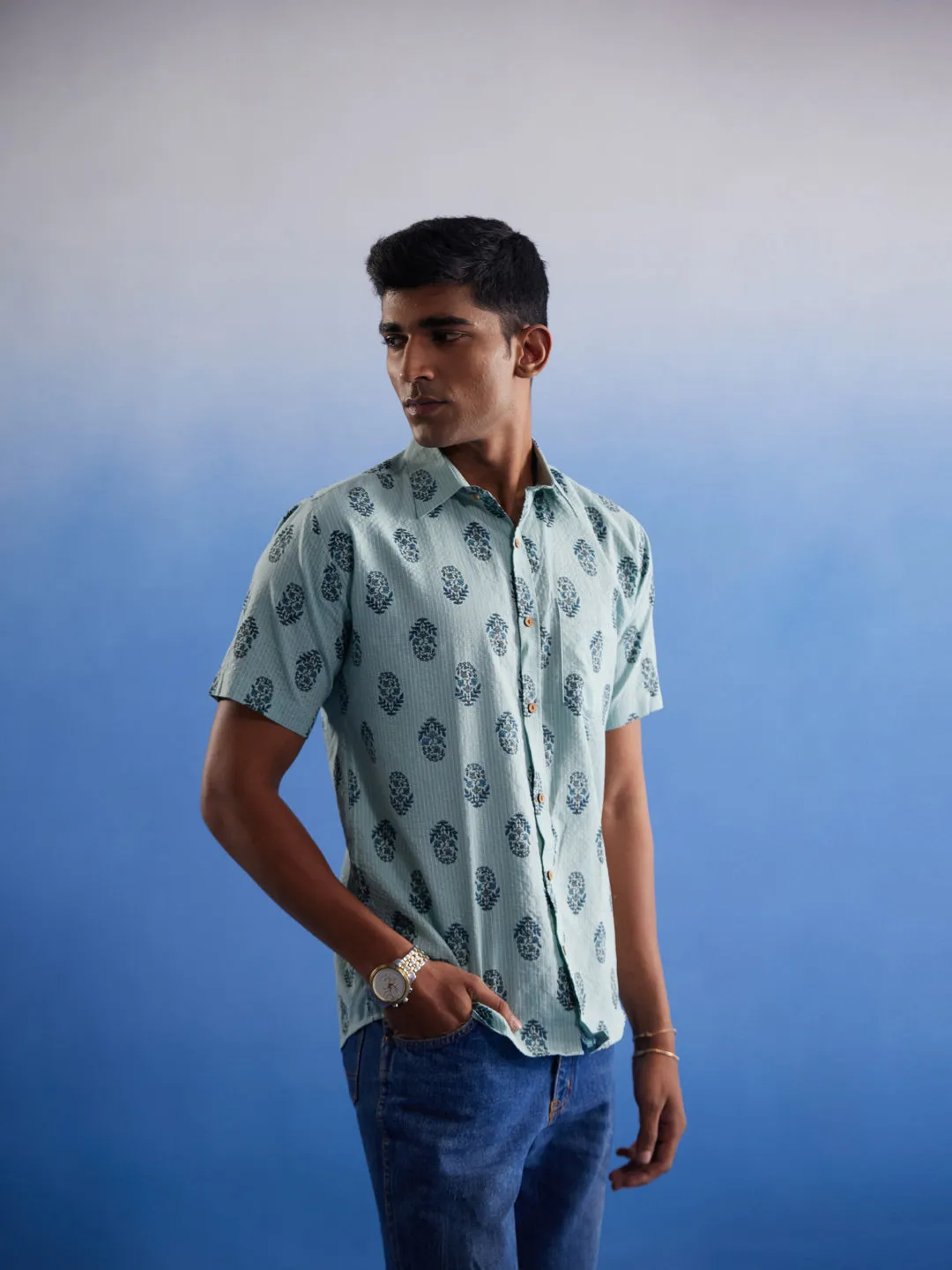 Vastramay Green Ethnic Motif Cotton Shirt