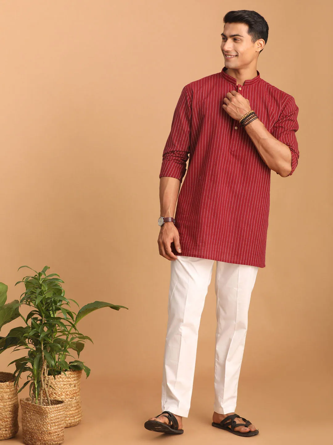 Vastramay Maroon Striped Cotton Kurta Set