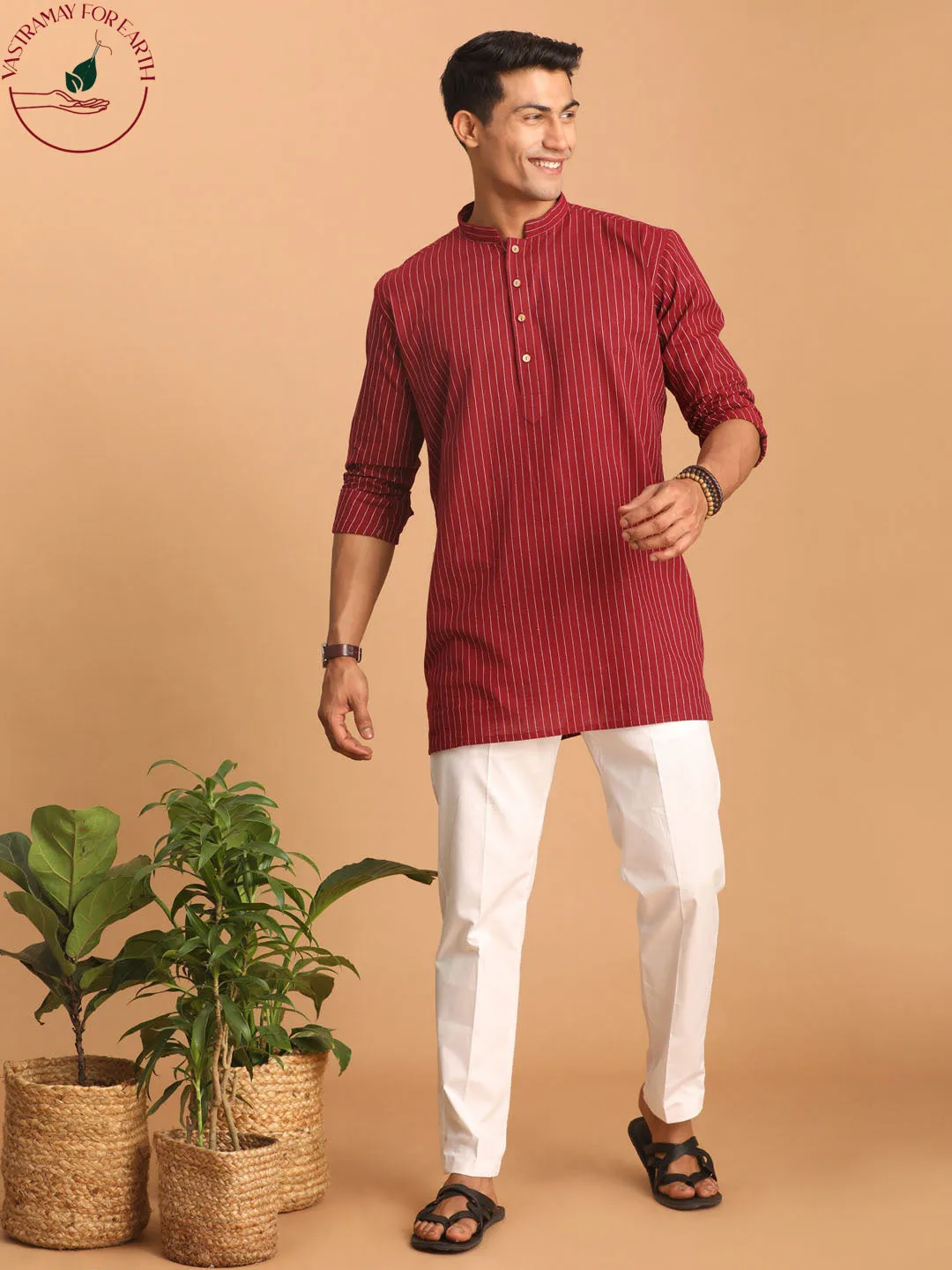 Vastramay Maroon Striped Cotton Kurta Set