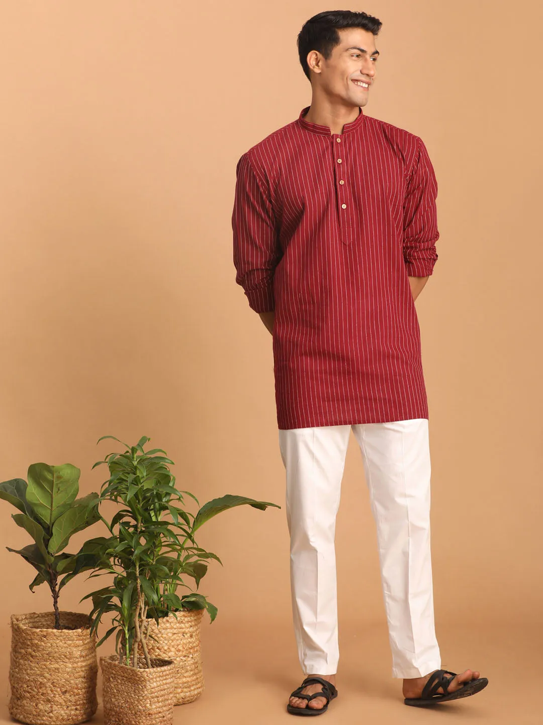 Vastramay Maroon Striped Cotton Kurta Set