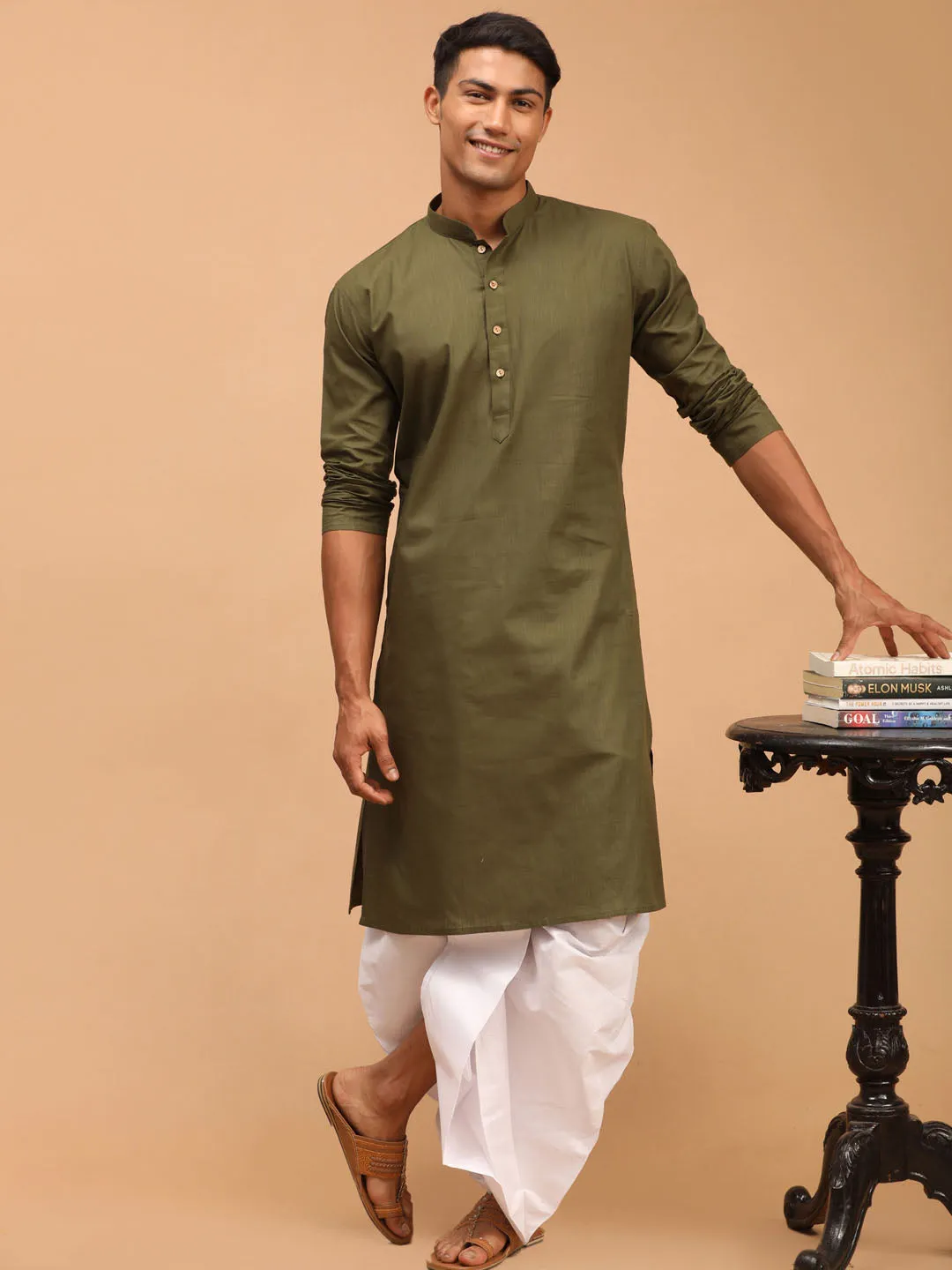 VASTRAMAY Mehdi Green Kurta & White Dhoti