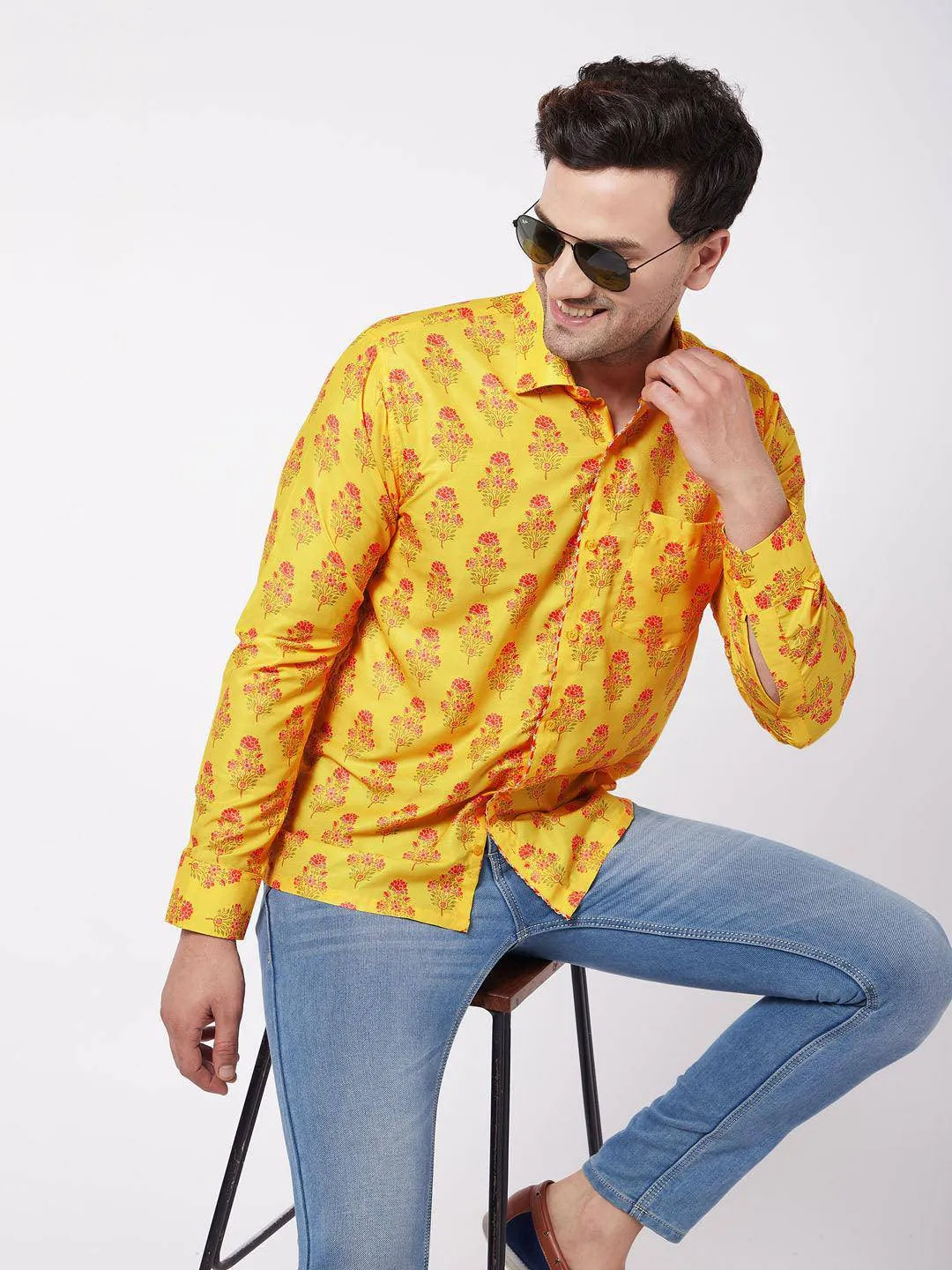 VASTRAMAY Men's Multicolor-Base-Orange Ethnic Shirt