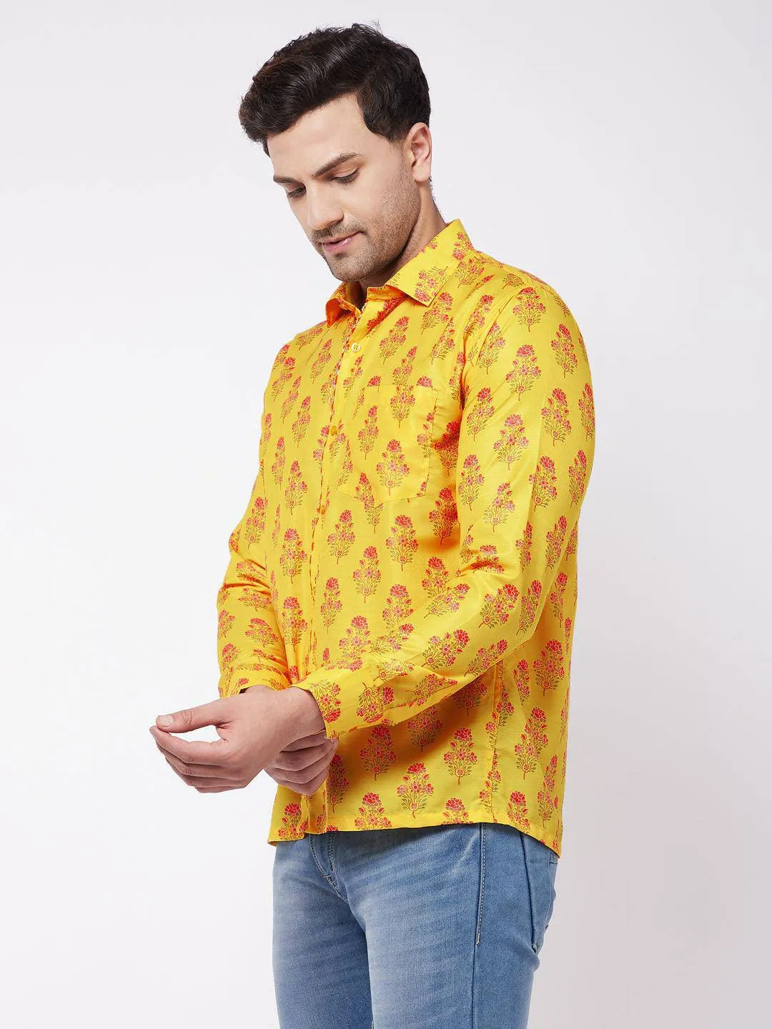 VASTRAMAY Men's Multicolor-Base-Orange Ethnic Shirt