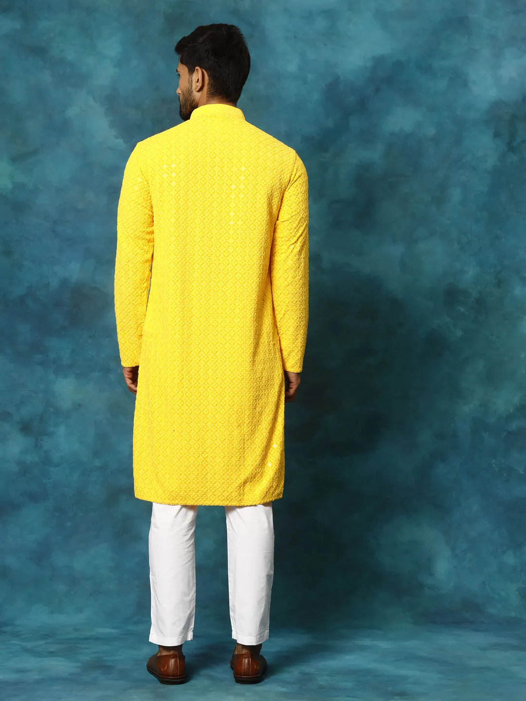 VASTRAMAY Men's Yellow Rayon Schiffli Kurta Set