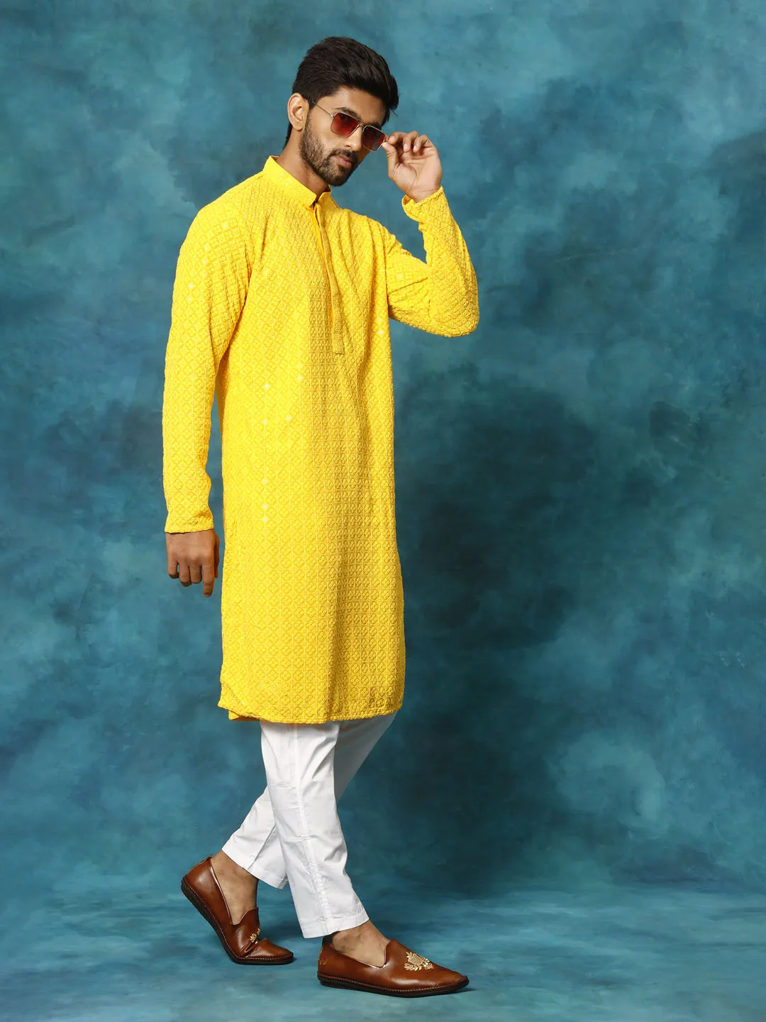 VASTRAMAY Men's Yellow Rayon Schiffli Kurta Set