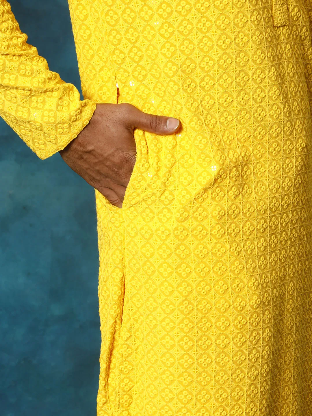 VASTRAMAY Men's Yellow Rayon Schiffli Kurta Set