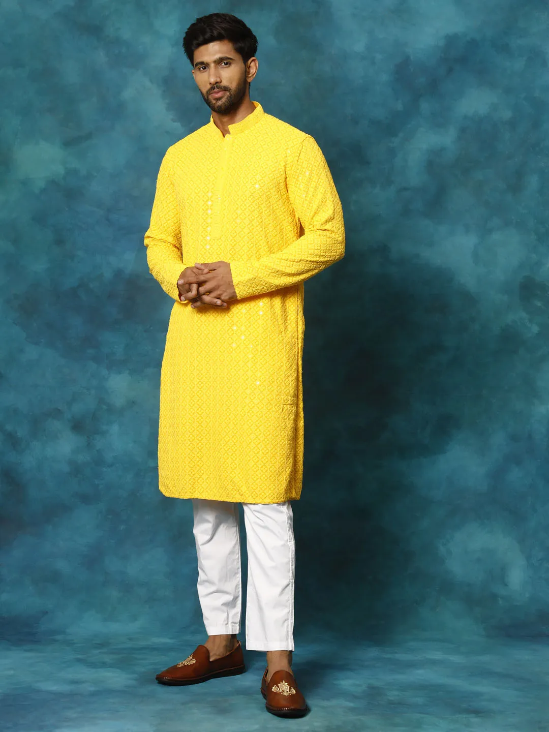 VASTRAMAY Men's Yellow Rayon Schiffli Kurta Set