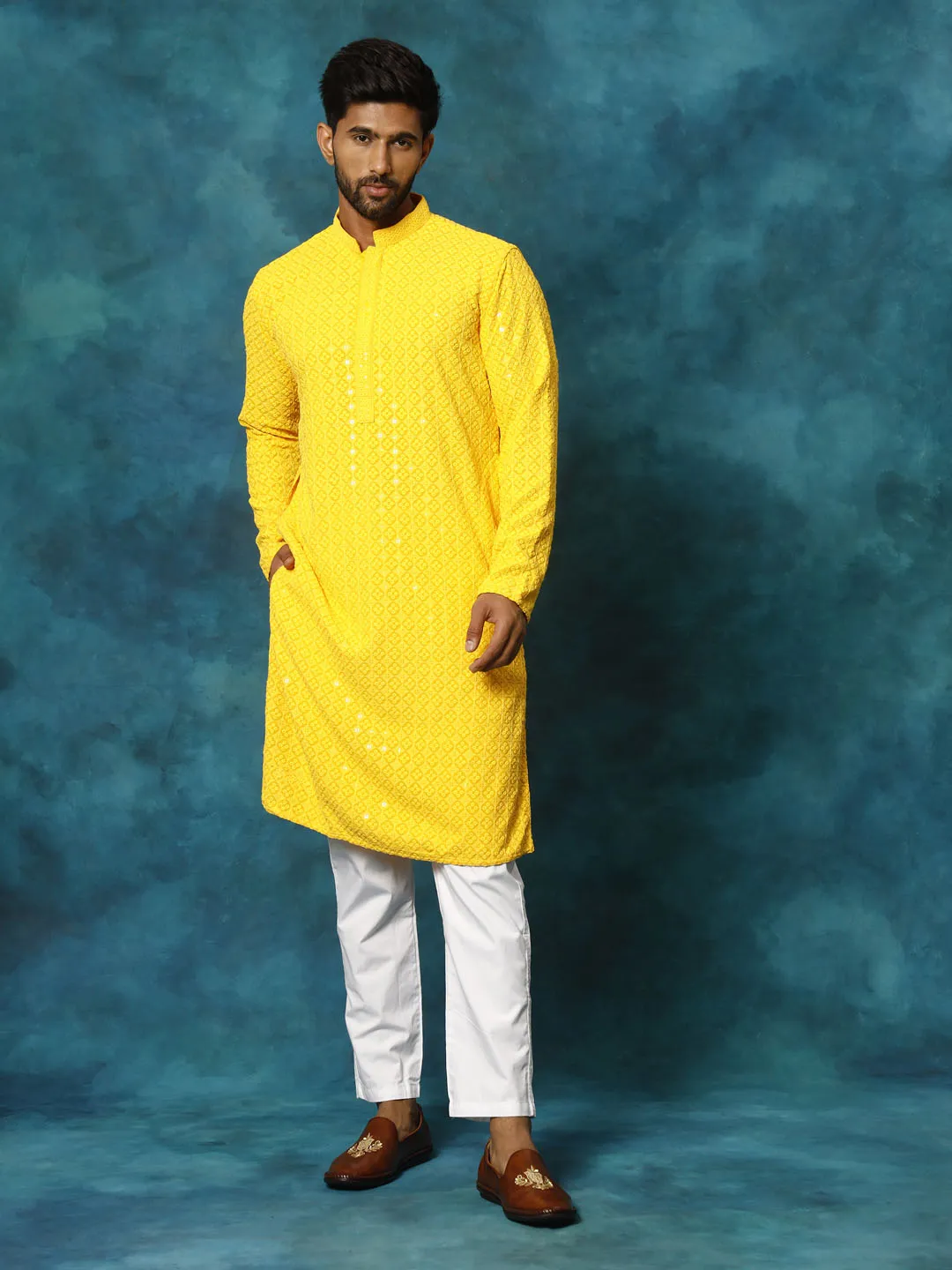 VASTRAMAY Men's Yellow Rayon Schiffli Kurta Set