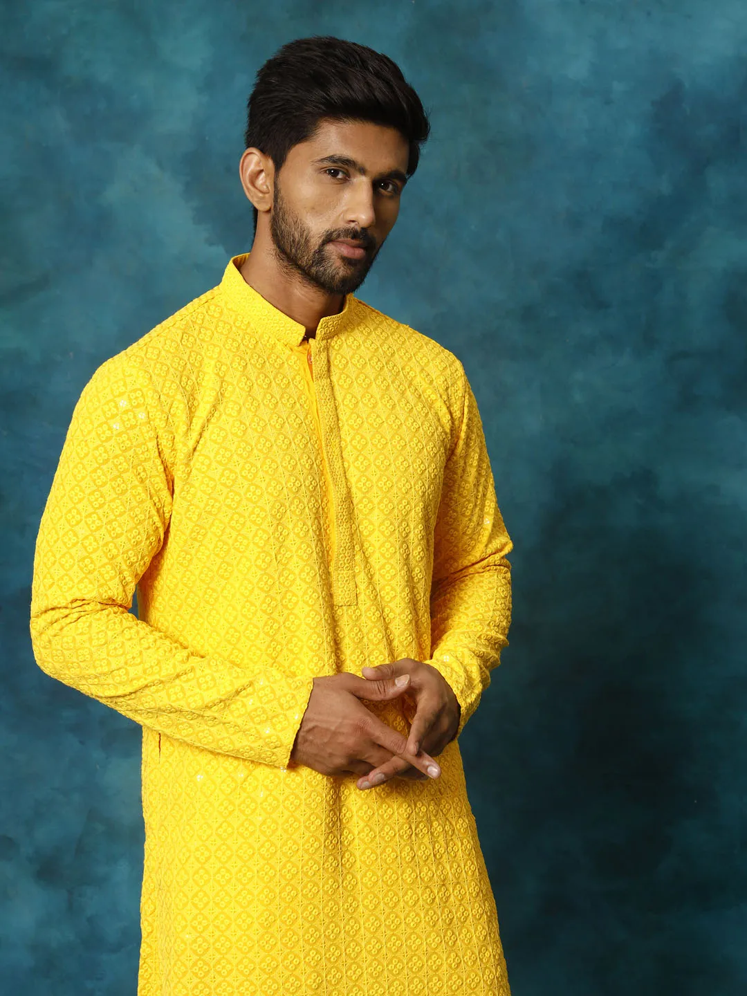 VASTRAMAY Men's Yellow Rayon Schiffli Kurta Set