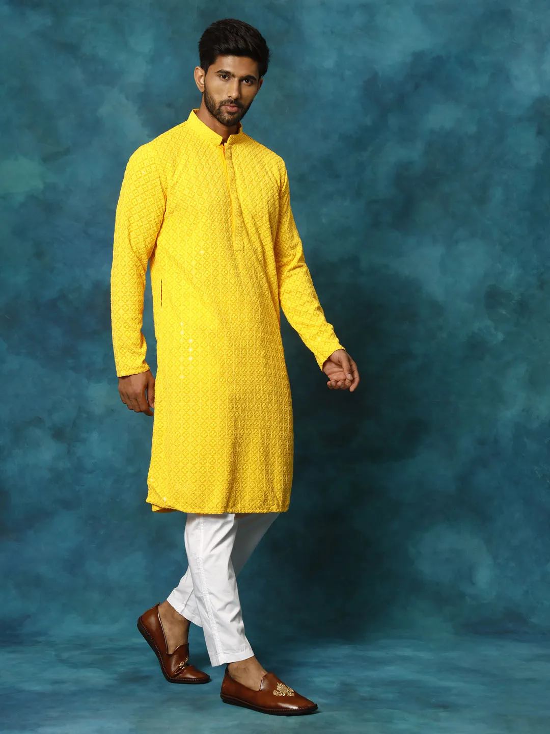 VASTRAMAY Men's Yellow Rayon Schiffli Kurta Set