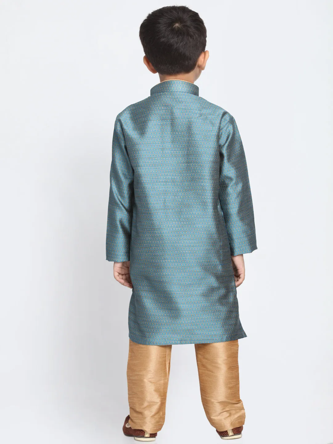 Vastramay Silk Blend Aqua Blue and Rose Gold Baap Beta Kurta Pyjama set