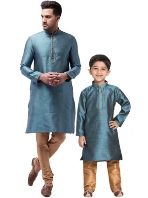 Vastramay Silk Blend Aqua Blue and Rose Gold Baap Beta Kurta Pyjama set