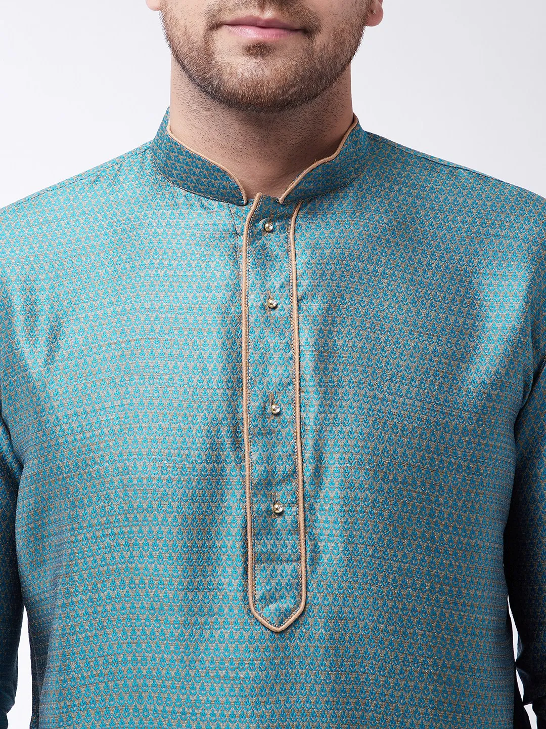 Vastramay Silk Blend Aqua Blue and Rose Gold Baap Beta Kurta Pyjama set