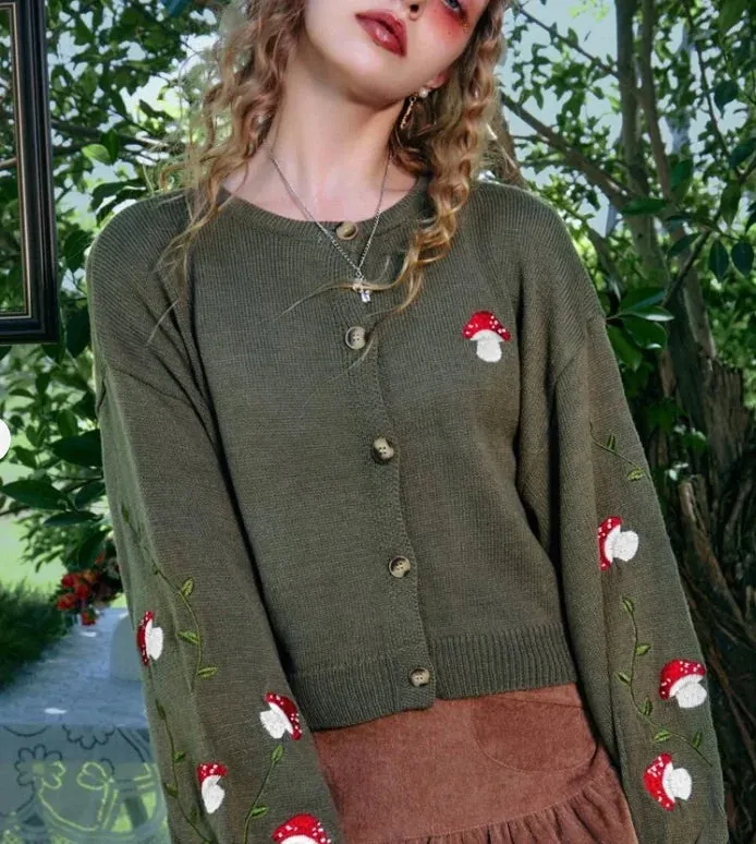 Women's autumn/winter mushroom button embroidered olive cardigan knit sweater