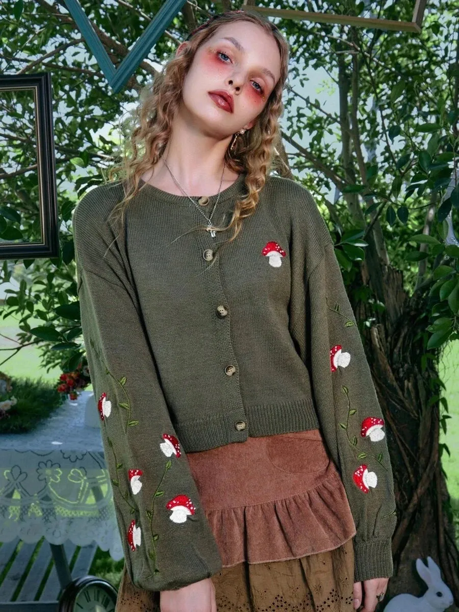 Women's autumn/winter mushroom button embroidered olive cardigan knit sweater