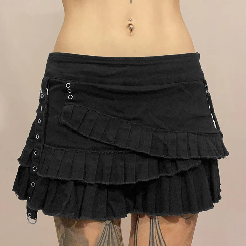 Women's Y2K Low Waist Mini Denim Skirt Black Ruffle 90s Gothic Goth Punk Fashion Uniform Jean Belt