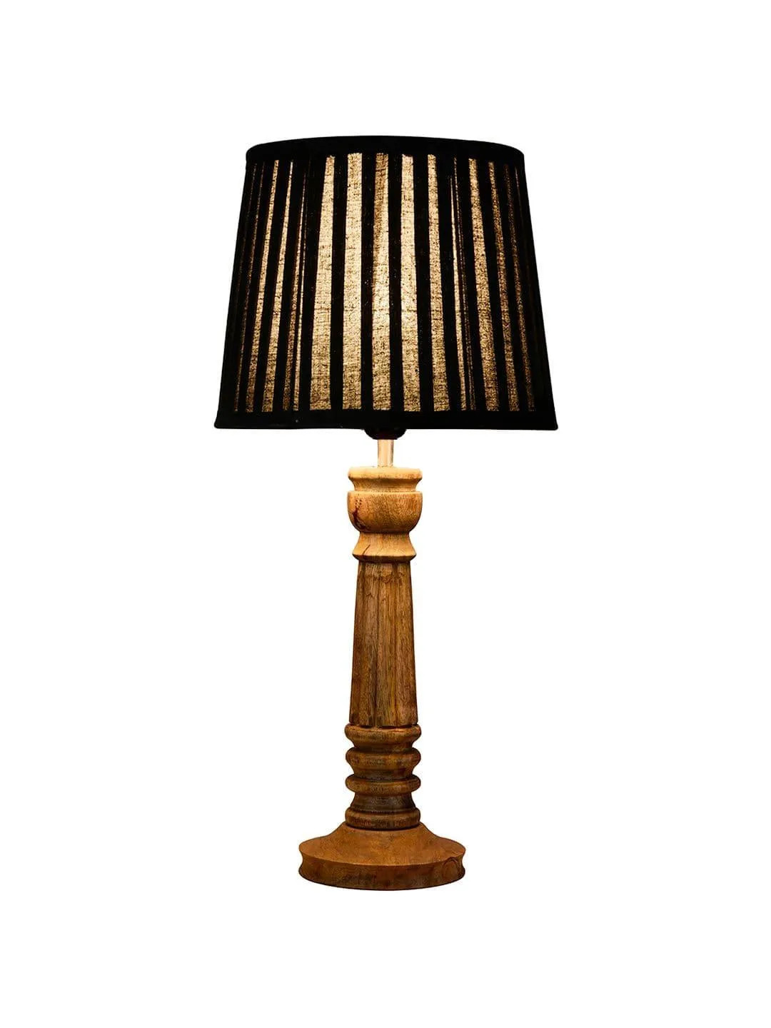 Wooden Pillar Brown lamp with pleeted Black Soft Shade